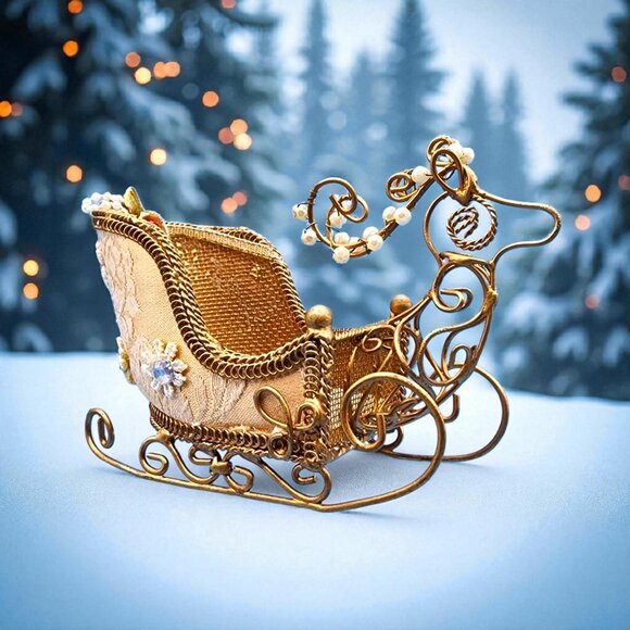 Victorian Reindeer Sleigh Ornament Gold Wire Lace Beaded Christmas Decor - Picture 2 of 11